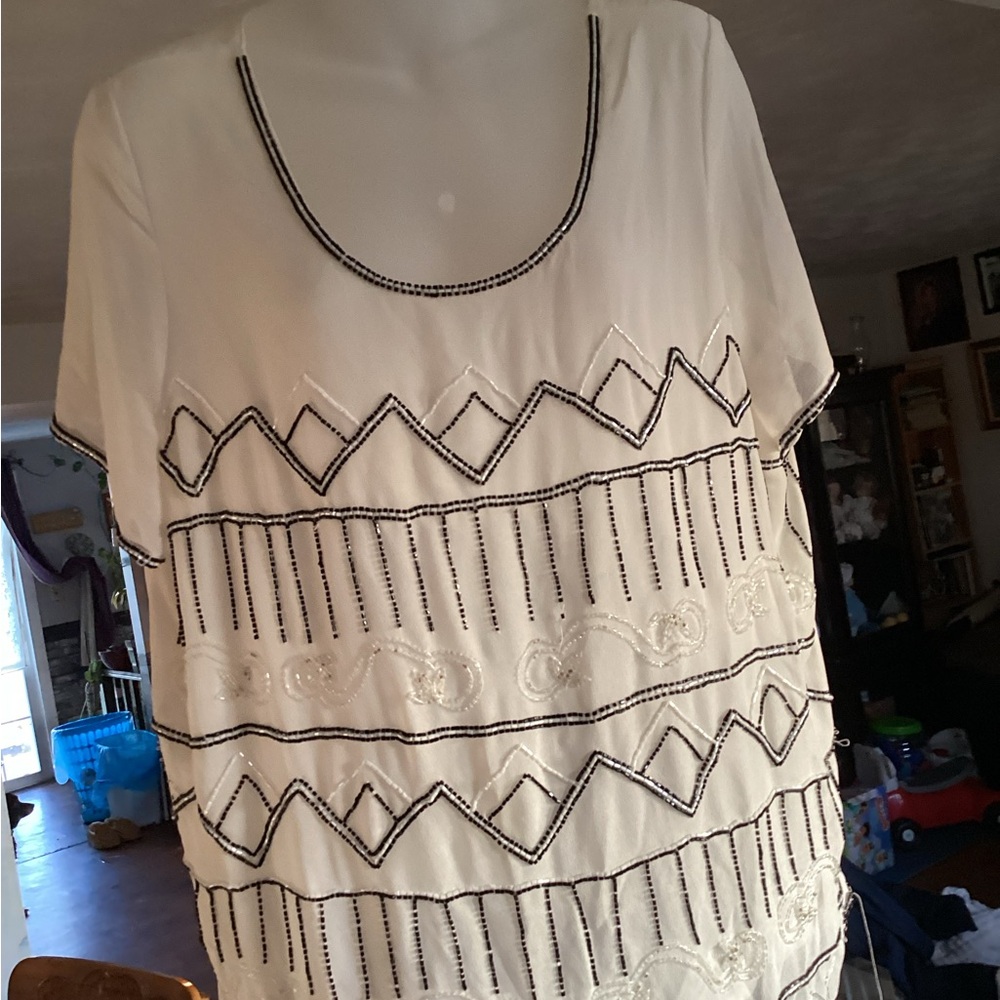 Women's Cream and Black Embroidered Top